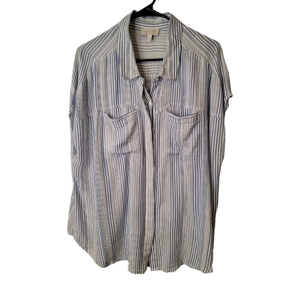 Lucky Brand Size 1X Womens Top Blue Striped Button Up Pockets Shirt